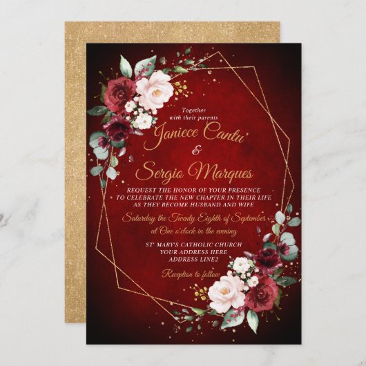 ロマンチックな水の色バーガンディフローラ幾何学的 招待状 (正面/裏面)