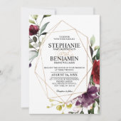 ロマンチックな水の色バーガンディフローラ幾何学的 招待状 (正面)