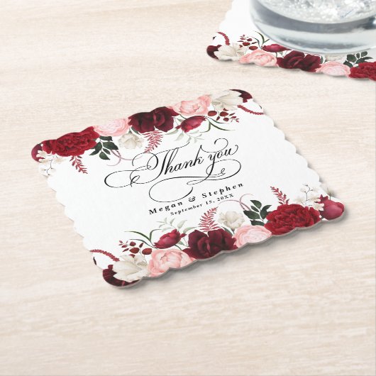 ロマンチックな水の色バーガンディフローラ結婚ズ ペーパーコースター (アングル)