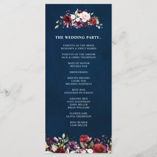 ロマンチックな水の色バーガンディーレッドネイビーバラフローラ プログラム (裏面)