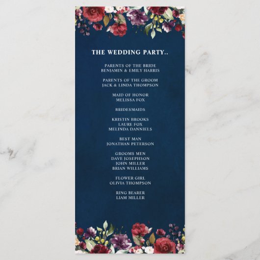 ロマンチックな水の色バーガンディーレッドネイビーバラフローラ プログラム (裏面)