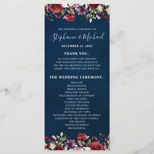 ロマンチックな水の色バーガンディーレッドネイビーバラフローラ プログラム (正面)