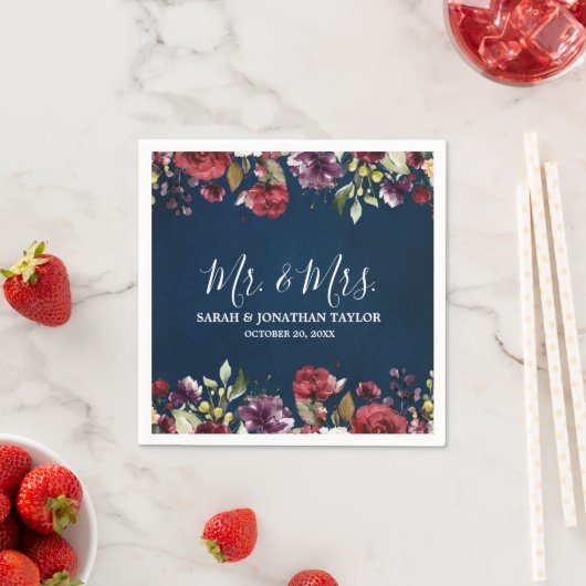 ロマンチックな水の色バーガンディーレッドネイビーフローラ スタンダードカクテルナプキン (インサイチュ)