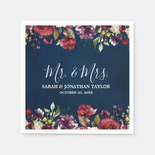 ロマンチックな水の色バーガンディーレッドネイビーフローラ スタンダードカクテルナプキン (正面)