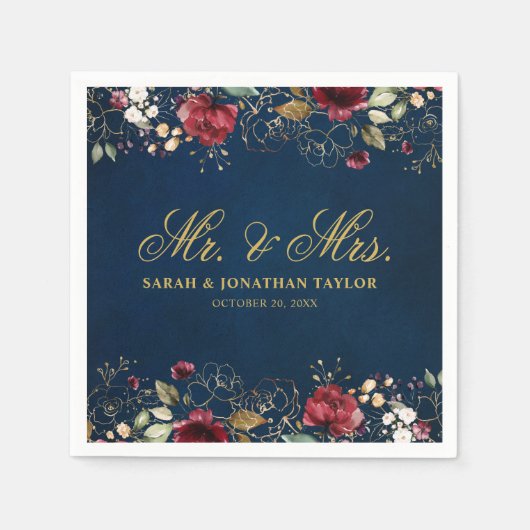 ロマンチックな水の色バーガンディーレッドネイビーフローラ スタンダードカクテルナプキン (正面)