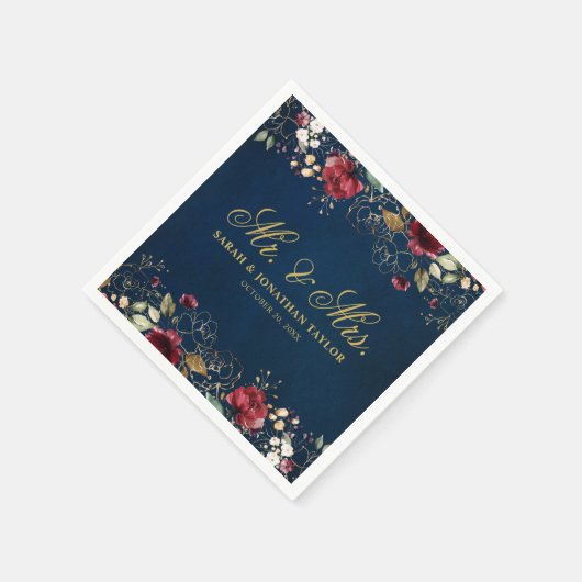 ロマンチックな水の色バーガンディーレッドネイビーフローラ スタンダードカクテルナプキン (角)