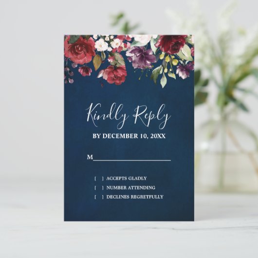 ロマンチックな水の色バーガンディーレッドネイビーフローラ 出欠カード (スタンド正面)