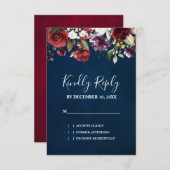 ロマンチックな水の色バーガンディーレッドネイビーフローラ 出欠カード (正面/裏面)