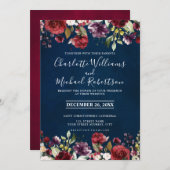 ロマンチックな水の色バーガンディーレッドネイビーフローラ 招待状 (正面/裏面)