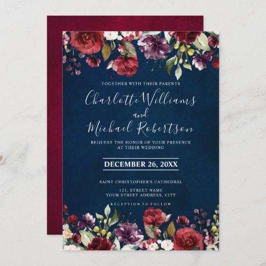 ロマンチックな水の色バーガンディーレッドネイビーフローラ 招待状 (正面/裏面)