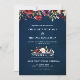 ロマンチックな水の色バーガンディーレッドネイビーフローラ 招待状