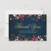 ロマンチックな水の色バーガンディーレッドネイビー金ゴールドフローラ サンキューカード (正面)