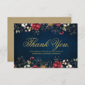 ロマンチックな水の色バーガンディーレッドネイビー金ゴールドフローラ サンキューカード (正面/裏面)