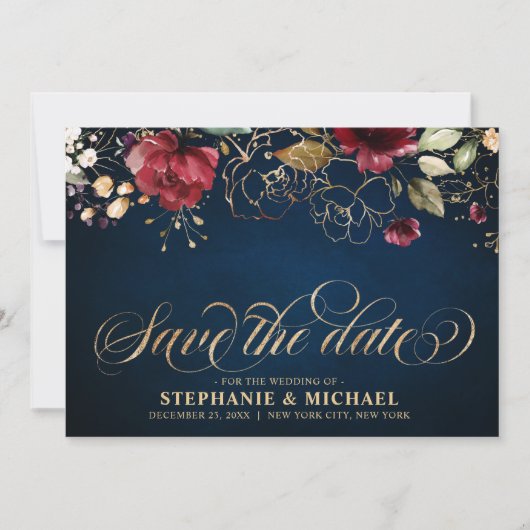ロマンチックな水の色バーガンディーレッドネイビー金ゴールドフローラ セーブザデート (正面)