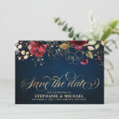 ロマンチックな水の色バーガンディーレッドネイビー金ゴールドフローラ セーブザデート (スタンド正面)