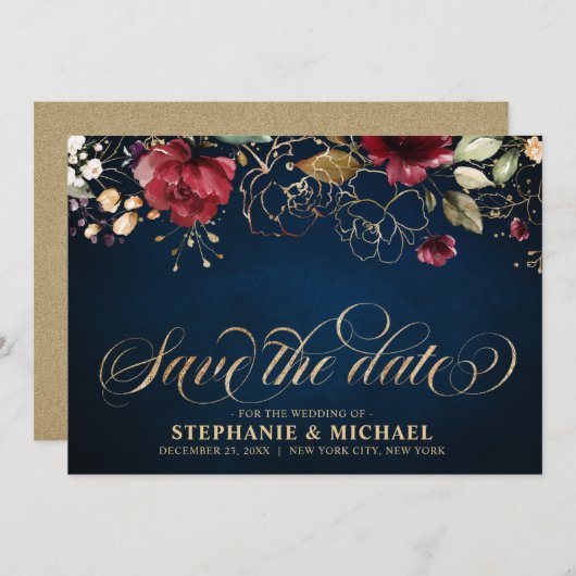 ロマンチックな水の色バーガンディーレッドネイビー金ゴールドフローラ セーブザデート (正面/裏面)