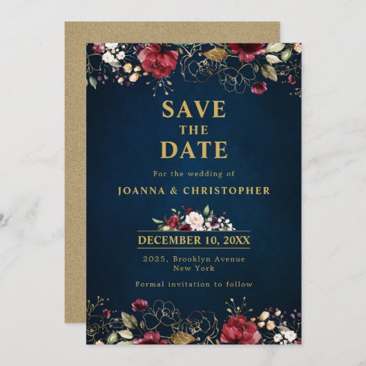 ロマンチックな水の色バーガンディーレッドネイビー金ゴールドフローラ セーブザデート (正面/裏面)