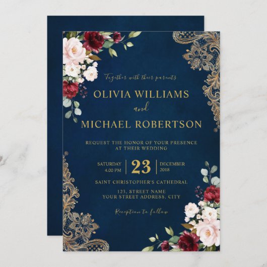 ロマンチックな水の色バーガンディーレッドネイビー金ゴールドフローラ 招待状 (正面/裏面)