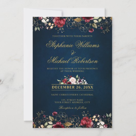 ロマンチックな水の色バーガンディーレッドネイビー金ゴールドフローラ 招待状 (正面)