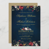 ロマンチックな水の色バーガンディーレッドネイビー金ゴールドフローラ 招待状 (正面/裏面)