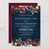 ロマンチックな水の色バーガンディーレッド赤面ネイビーフローラ 招待状 (正面/裏面)