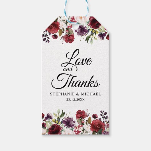 ロマンチックな水の色バーガンディーレッド赤面バラフローラ ギフトタグ (正面)