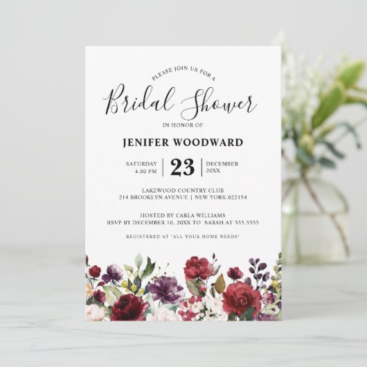 ロマンチックな水の色バーガンディーレッド赤面バラフローラ 招待状 (スタンド正面)