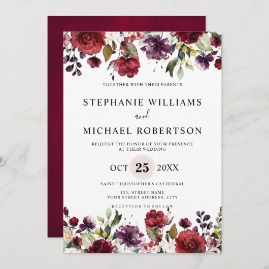 ロマンチックな水の色バーガンディーレッド赤面バラフローラ 招待状 (正面/裏面)