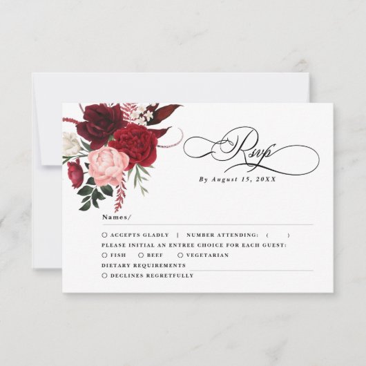 ロマンチックな水の色バーガンディ結婚フローラのRSV 出欠カード (正面)