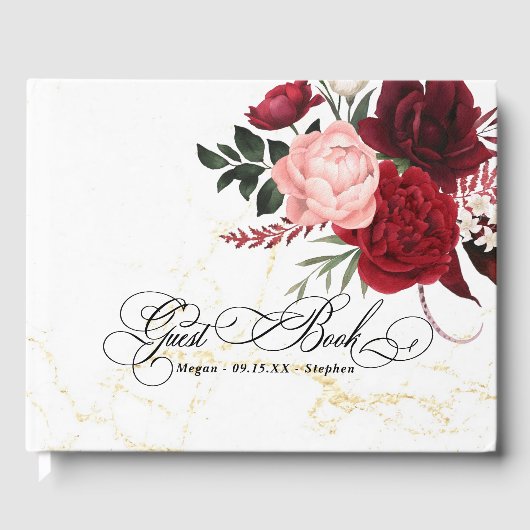 ロマンチックな水の色バーガンディ結婚フローラ ゲストブック (正面)