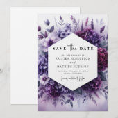 ロマンチックな水の色パープルフローラ結婚ズ セーブザデート (正面/裏面)