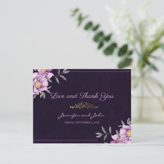 ロマンチックな水の色パープル牡丹結婚の感謝 ポストカード (スタンド正面)