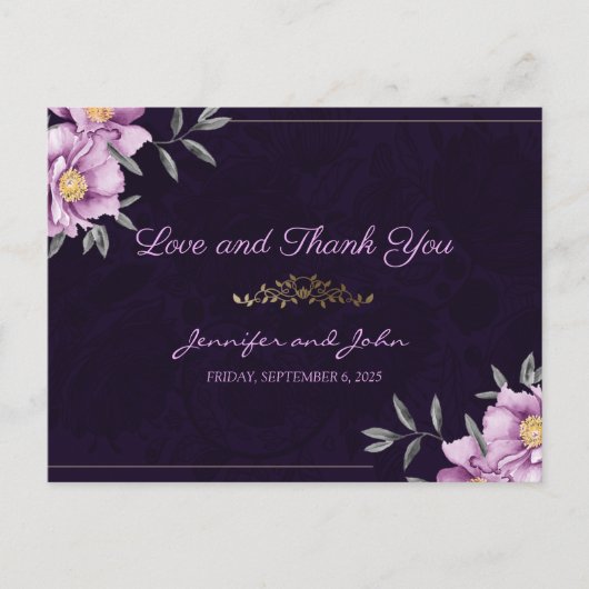 ロマンチックな水の色パープル牡丹結婚の感謝 ポストカード (正面)