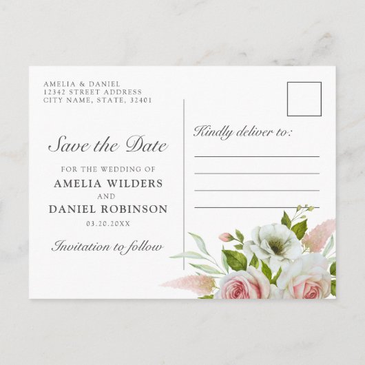 ロマンチックな水の色ピンクのバラの日付を保存 案内ポストカード (裏面)