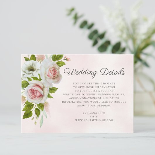 ロマンチックな水の色ピンクのバラ結婚ズの詳細 エンクロージャーカード (スタンド正面)