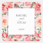 ロマンチックな水の色ピンクのバラ スクエアシール (正面)
