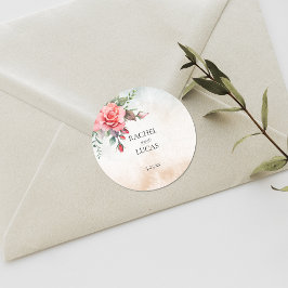 ロマンチックな水の色ピンクのバラ ラウンドシール