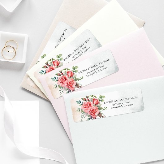 ロマンチックな水の色ピンクのバラ ラベル