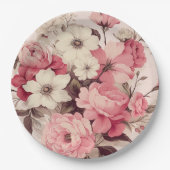 ロマンチックな水の色ピンクのバラ&リンゴの花 ペーパープレート (正面)