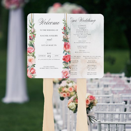 ロマンチックな水の色ピンクのバラ&書道 ハンドファン