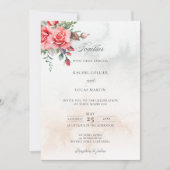 ロマンチックな水の色ピンクのバラ&書道 招待状 (正面)