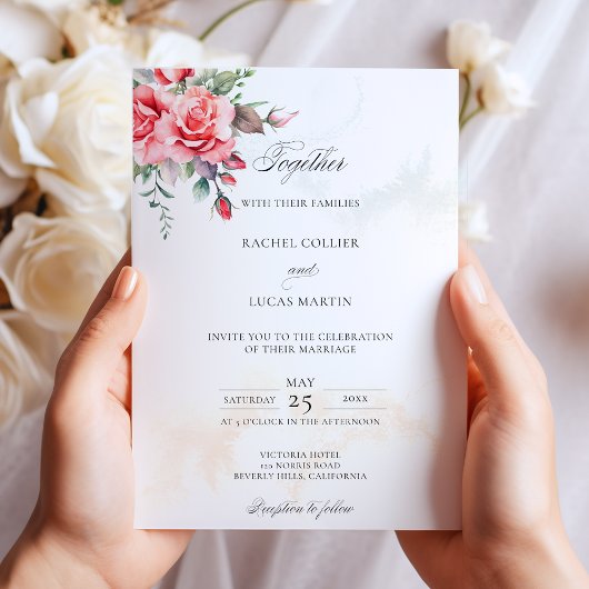 ロマンチックな水の色ピンクのバラ&書道 招待状