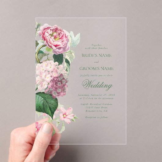 ロマンチックな水の色ピンクの花庭園の結婚式 アクリル招待状 (インサイチュ (ポータブル))