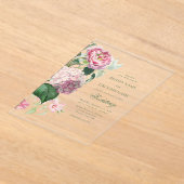 ロマンチックな水の色ピンクの花庭園の結婚式 アクリル招待状 (レイダウン)