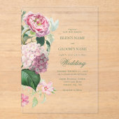 ロマンチックな水の色ピンクの花庭園の結婚式 アクリル招待状 (正面)