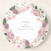 ロマンチックな水の色ピンクの花庭園の結婚式 コースター (正面)