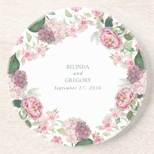 ロマンチックな水の色ピンクの花庭園の結婚式 コースター (正面)