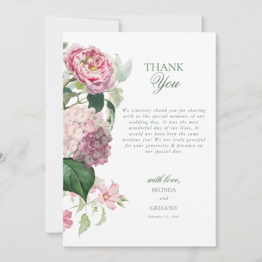ロマンチックな水の色ピンクの花庭園の結婚式 サンキューカード (正面)