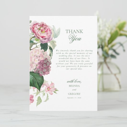 ロマンチックな水の色ピンクの花庭園の結婚式 サンキューカード (スタンド正面)