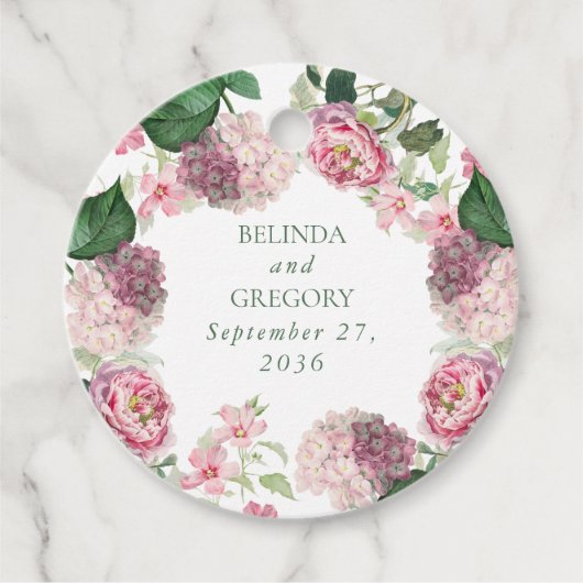 ロマンチックな水の色ピンクの花庭園の結婚式 フェイバータグ (正面)